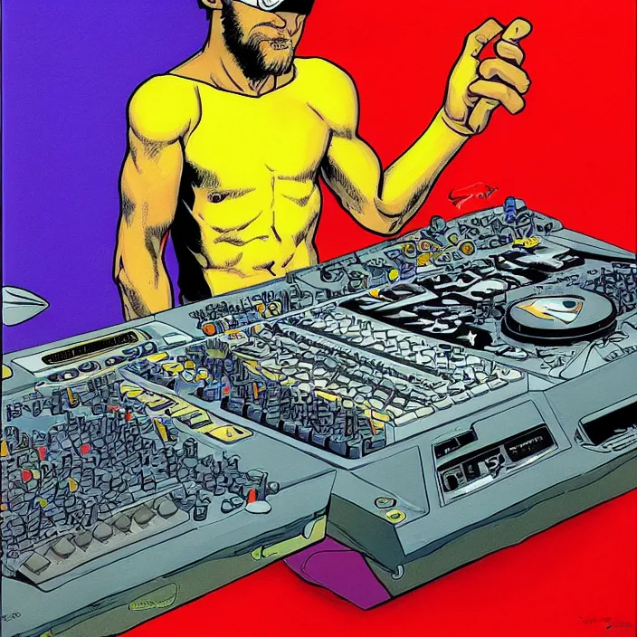 Prompt: cyclops (from x-men) playing an MPC 2000XL, colourful painting by Toni Toscani,