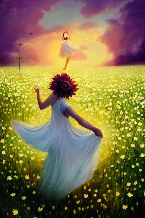 Image similar to veil of giant white daisy flower as head, girl dancing in a flower field, surreal photography, sunrise, dramatic light, impressionist painting, colorful clouds, digital painting, artstation, simon stalenhag