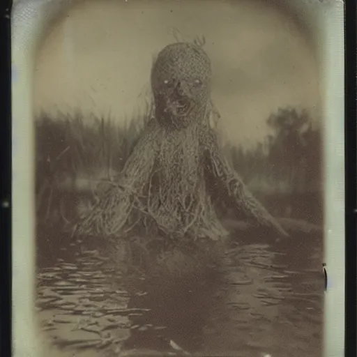 Image similar to creepy lovecraftian monster in swamp, 1910 Polaroid photo