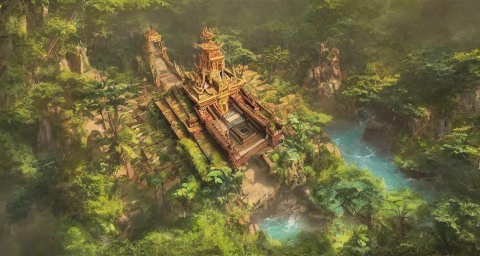 Image similar to Very small fantasy island with a temple in the middle of a tropical forest, view from above. by Greg Rutkowski, by Jesper Ejsing, by Makoto Shinkai, trending artstation, concept art, highly detailed,8k