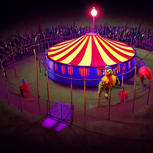 Image similar to circle circus arena, scary mutant in a fun circus arena, hyper - realistic, octane render, 8 k