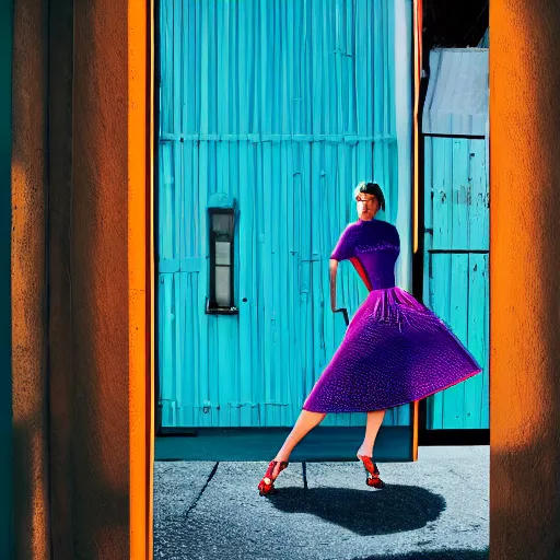 Prompt: a vibrant photograph of a woman, wide shot, in doors, editorial fashion photography, from vogue magazine ( sony a 7 r iv, symmetric balance, polarizing filter, photolab, lightroom, 4 k, dolby vision, photography award )