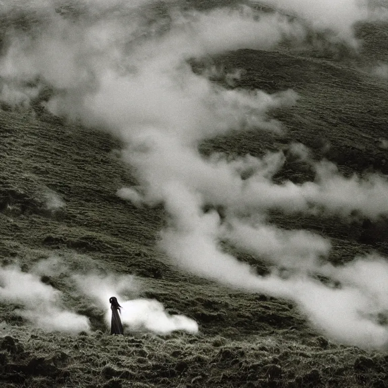 Prompt: dark and moody 1 9 7 0's artistic technicolor spaghetti western film, a large huge group of women in a giant billowing wide long flowing waving shining bright white dresses made of white smoke, standing inside a green mossy irish rocky scenic landscape, volumetric lighting, backlit, moody, atmospheric, fog, extremely windy, soft focus