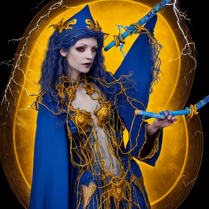 Image similar to photograph of a real - life beautiful elemental lightning witch with ornate yellow and blue robes and staff. extremely detailed. 8 k