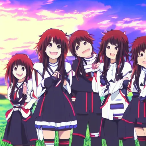 Image similar to kumiko Oumae in Anime style Surrounded by a field of Euphoniums during a partly cloudy sunset featuring Reina Kousaka