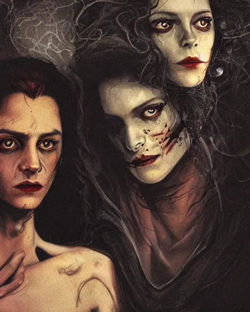 Image similar to two handsome but sinister, creepy young nonbinary people in layers of fear, with haunted eyes and wild hair, 1 9 7 0 s, seventies, wallpaper, a little blood, moonlight showing injuries, delicate embellishments, painterly, offset printing technique, by john howe, brom, robert henri, walter popp