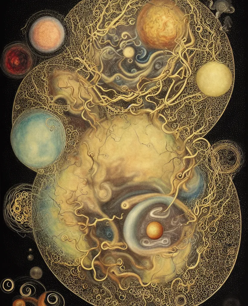 Image similar to whimsical uncanny creature alchemizes unique canto about'as above so below'being ignited by the spirit of haeckel and robert fludd, breakthrough is iminent, glory be to the magic within, to honor jupiter, painted by ronny khalil