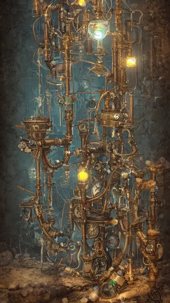 Image similar to steampunk water bong placed in the center of abandoned post Apocalyptic fututre cyberpunk city, cannabis, ornate, intricate, emitting light ornaments, glowing gems, artstation