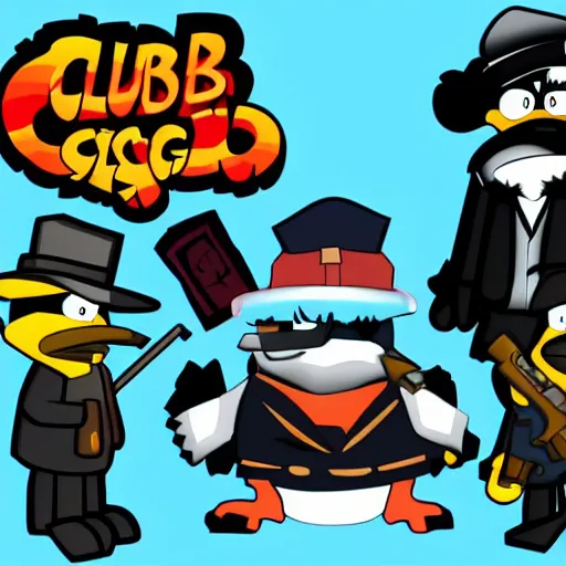 Prompt: club penguin mobsters with guns, scarface, the godfather, dark smoke, dystopian urban scene