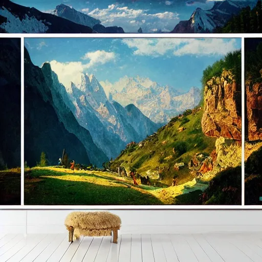 Prompt: wonderful alpine mountain valley, swiss, astral appearance, cinematic light, sublime, colorful, light shafts, dramatic light, by august malmstrom, russian painters, mucha, disney, global illumination, rule of thirds, perfect central composition.