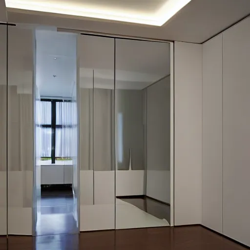 Prompt: large luxurious contemporary closet white glass doors walk in, white marble parquet floor, stone, glossy, abstract, bauhaus design, white cabinetry