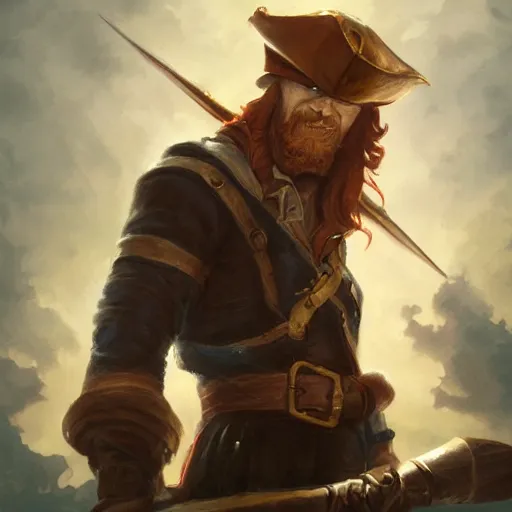 Image similar to handsome charming ginger rogue with large pointed ears, wearing a tricorne pirate captain hat, naval background, portrait, stunning award-winning art by Greg Rutkowski