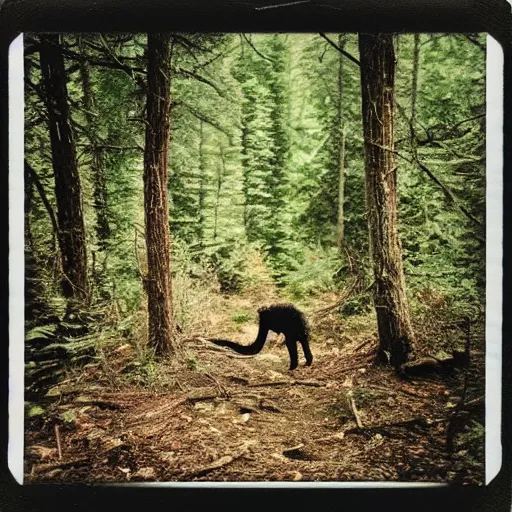 Image similar to polaroid of cryptid in the woods, blurry