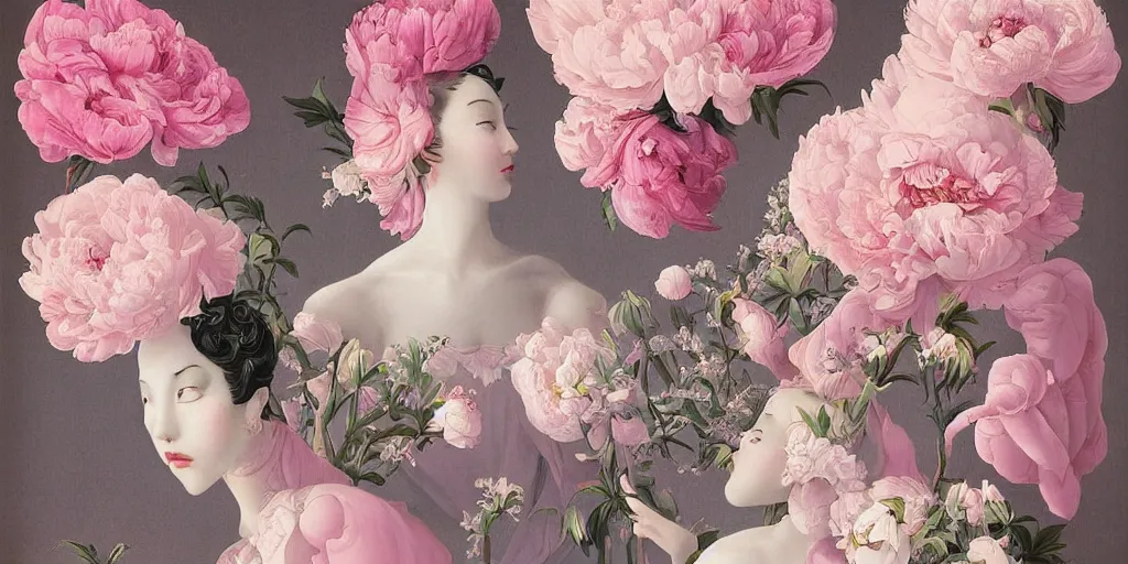 Image similar to breathtaking detailed concept art deco painting blend of pink short hair goddesses of peonies by hsiao - ron cheng with anxious piercing eyes, vintage illustration pattern with bizarre compositions blend of flowers and fruits and birds by beto val and john james audubon, exquisite detail, extremely moody lighting, 8 k