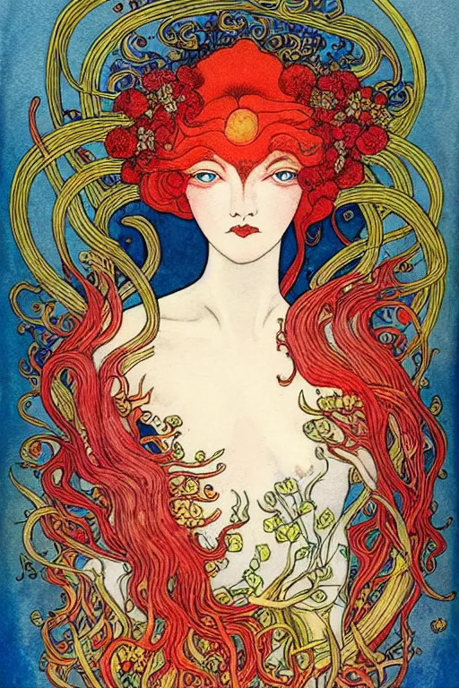 Image similar to realistic face of nature goddess with red hair with flowers and flames growing around, flower frame, detailed art by kay nielsen and walter crane, illustration style, watercolor