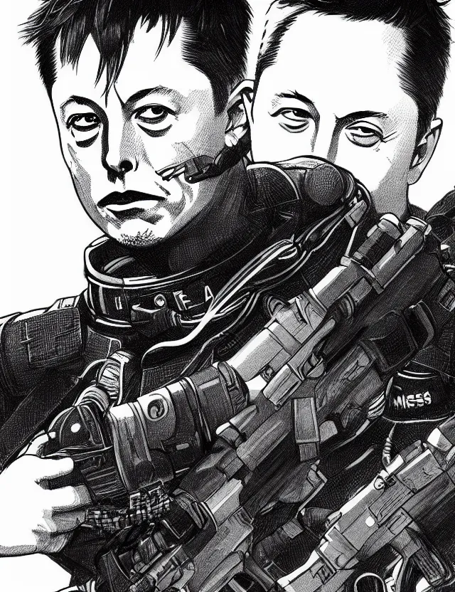 Image similar to a detailed manga illustration of elon musk in tactical gear, trending on artstation, digital art, 4 k resolution, detailed, high quality, sharp focus, hq artwork, coherent, insane detail, character portrait