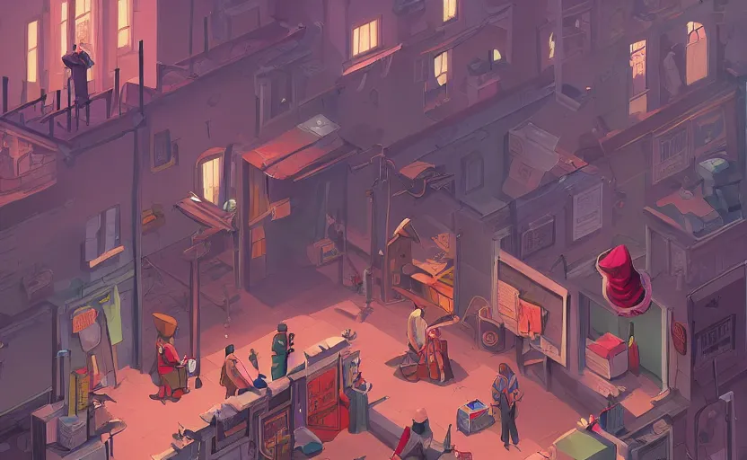 Prompt: townsmen meet the town detective to present a new case, moebius, james gilleard, print, game art