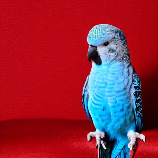 Image similar to Blue budgies wearing red and black checkered shirt, professional photography, studio lighting, 4k