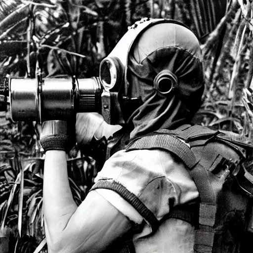 Prompt: a heavily armored man wearing a gasmask, in the jungle, film still, arriflex 3 5