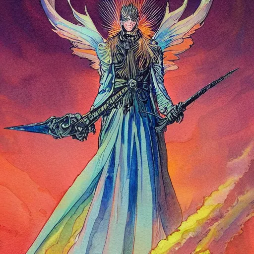 Prompt: a watercolor ink painting of a archangel with a broken halo wielding a jagged fiery blade in the style of jean giraud in the style of moebius trending on artstation deviantart pinterest detailed realistic hd 8 k high resolution