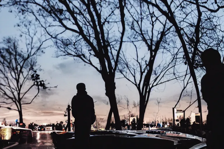 Image similar to silhouette, person on foreground, turned back to the camera, watching cars drive by, bokeh, photorealistic, photo, fuji 2 0 0, canon 8 5 mm, bokeh, cold palette, cinematographic, racing cars, motorsports, chicane, getty images,