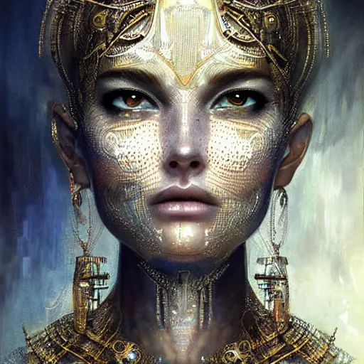 Image similar to a robotic goddess, jewelry skin, highly detailed, digital painting, smooth, sharp, beautiful face, expressive eyes, highly intricate, art by greg rutkowski and alex gray