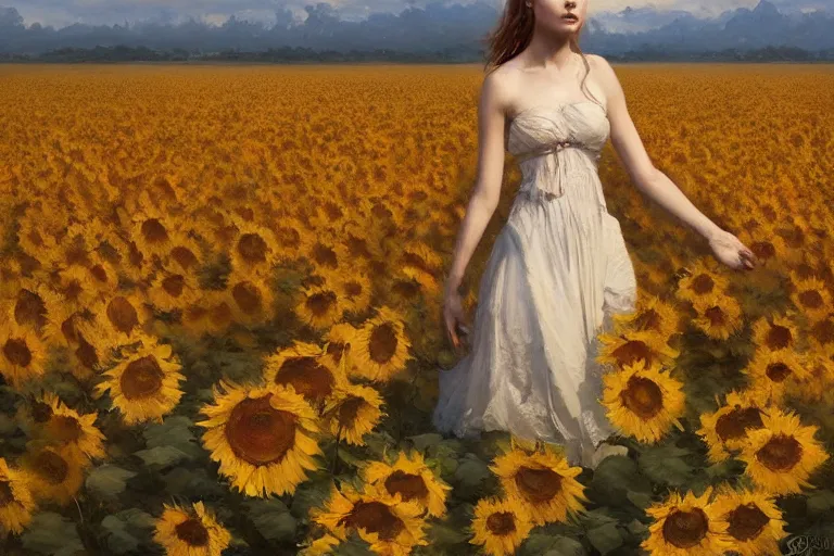 Prompt: a beautiful painting of the sea of sunflowers, girl, by greg rutkowski, trending on artstation