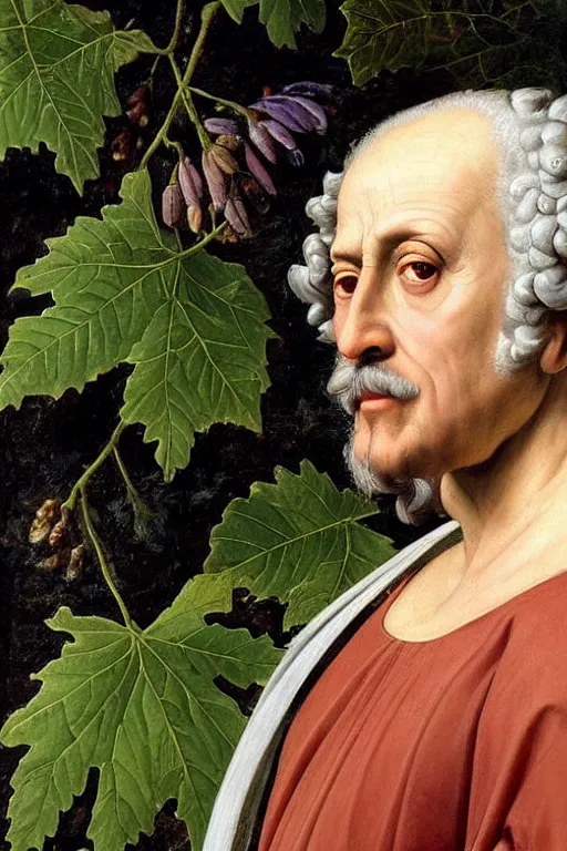 Prompt: renaissance painting of elder in the garden, closeup, short silver hair, a wise face, emotions closeup, dressed in roman armour, the beautiful garden with oak leaves everywhere, ultra detailed, art by Guido Reni style, Vincenzo Catena style