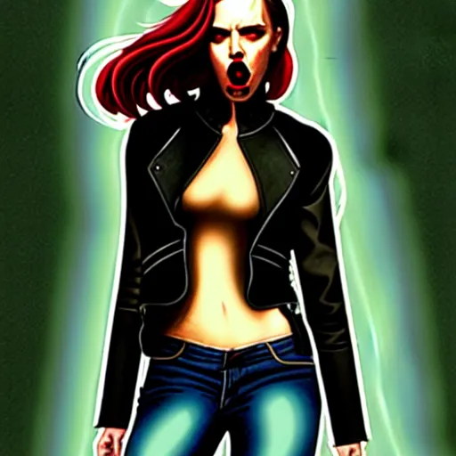 Image similar to rafael albuquerque comic art, peter mohrbacher, david baldeon, artgerm, pretty scarlett johansson vampire sharp vampire teeth open mouth, symmetrical eyes, black leather jacket, jeans, long blonde hair