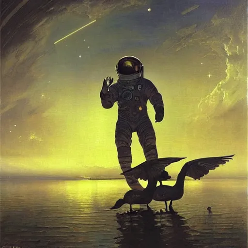 Prompt: painting of syd mead artlilery scifi organic shaped astronaut with ornate metal work lands on a pond with swans, fossil ornaments, volumetric lights, purple sun, andreas achenbach