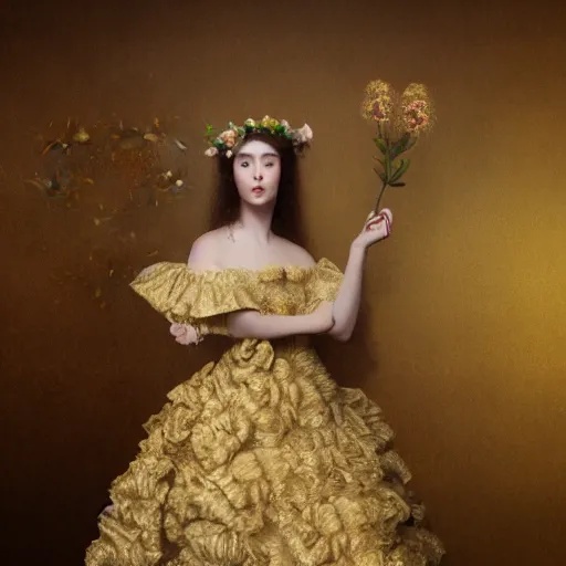 Image similar to 8k, octane render, realism, tonalism, renaissance, rococo, baroque, portrait of a young lady wearing ruffle sleeve dress with flowers and skulls looking to the side background chaotic gold leaf flowers