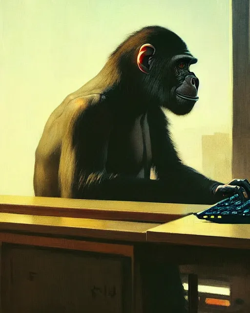 Image similar to cyberpunk hacker chimpanzee at the computer. sci - fi art by greg rutkowski, gustave courbet, rosa bonheur, edward hopper. faithfully depicted facial expression, perfect anatomy, sharp focus, global illumination, radiant light, detailed and intricate environment, trending on artstation