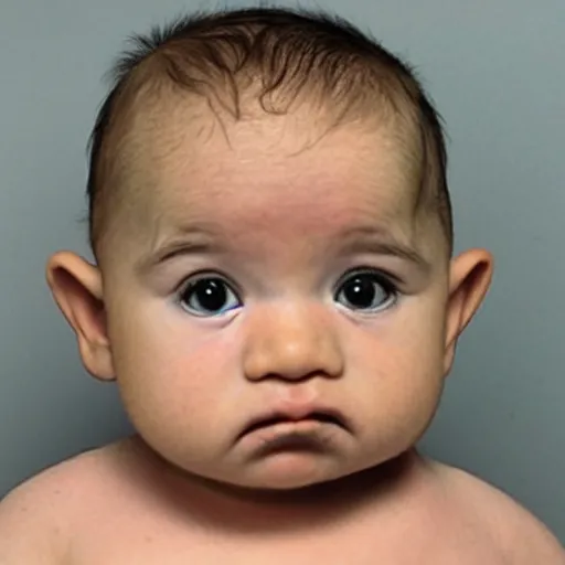Prompt: A police mugshot of a baby that looks like a hardened criminal, tattoos on face