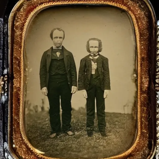 Image similar to creepy cursed daguerreotype portrait photo of a 1800's alien family standing in front of a Victorian house, Hyperrealism. Weirdcore