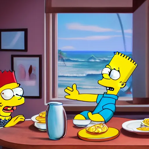 Image similar to Bart Simpson surfing the imaginary wave on the kitchen table at breakfast, by ROSS tran, 4k