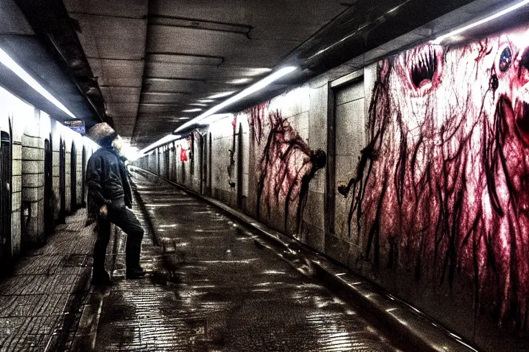 Image similar to very large giant mutant zombie irradiated angry rat staying on railways in tonnel of moscow subway. extreme high detail, very realistic. low dark light, scary mood. hermann nitsch