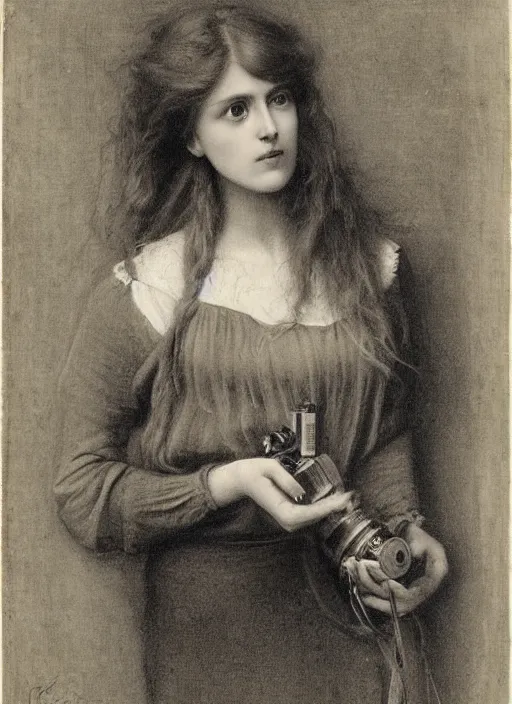 Prompt: Pre-Raphaelite young beautiful blond-hair woman holding a camera