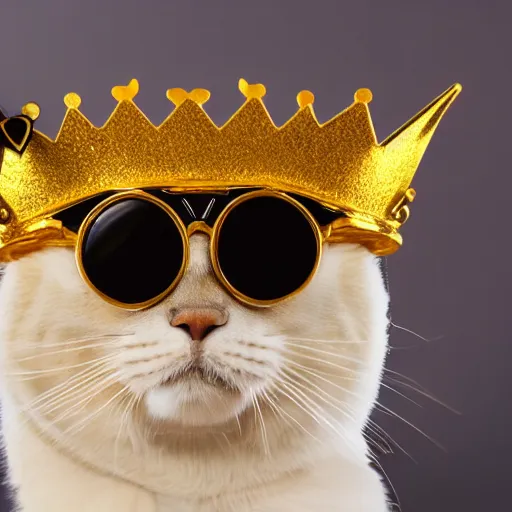 Image similar to a man - cat wearing a fine golden crown and black goggles, symmetric, smooth, sharp focus