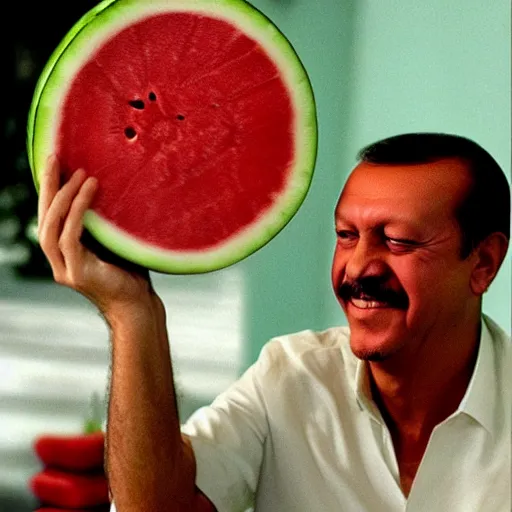 Image similar to recep tayyip erdogan smiling holding watermelon for a 1 9 9 0 s sitcom tv show, studio photograph, portrait c 1 2. 0