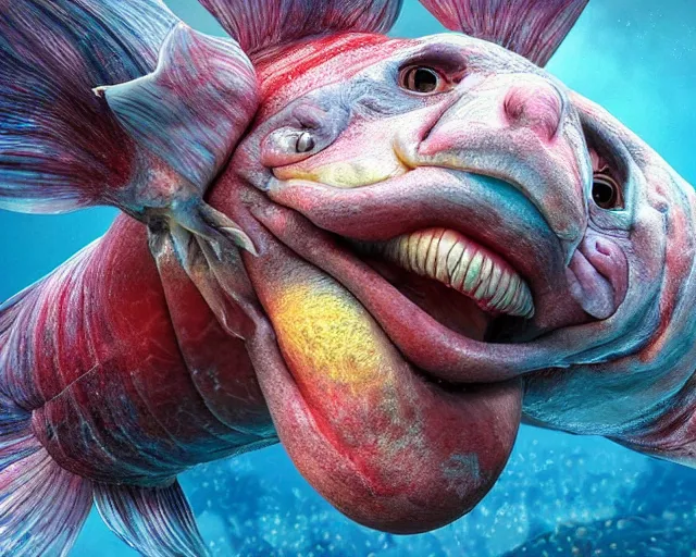 Prompt: of a very beautiful scene. ambient occlusion render. a sweet fat old woman is giving birth to a huge colorful fish. hyper realistic. 4 k. wide angle. sadness symmetrical face, red mouth, blue eyes. deep focus, lovely scene. ambient occlusion render. concept art. unreal engine. - n 9