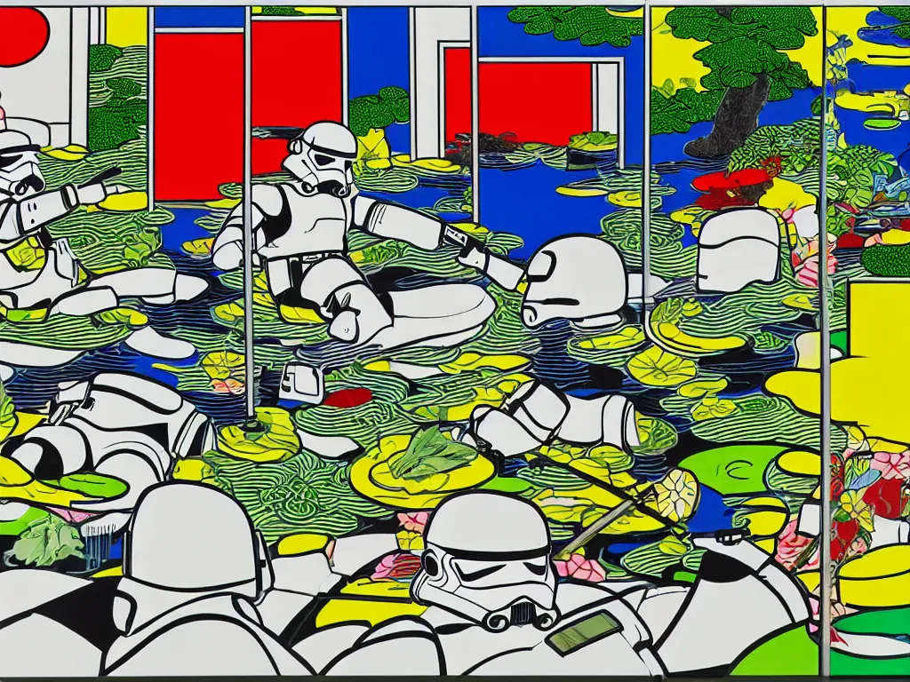 Image similar to hyperrealistic composition of the japanese home with a garden and a pond, 2 stormtroopers sitting around it, pop - art style, jacky tsai style, andy warhol style, roy lichtenstein style, rich palette, acrylic on canvas