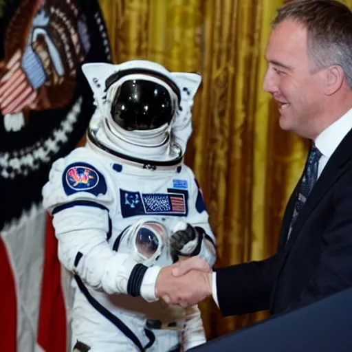 Image similar to cat astronaut shakes the hands with president