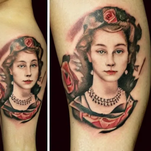 Image similar to of a young queen elizabeth with tattoos on her arms and a small rose tattoo on her face photo realistic