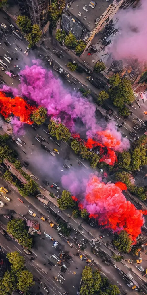 Image similar to post - apocalyptic kreuzberg streets covered in colorful smoke, burned cars, explosions, hyperrealistic, gritty, damaged, drone photography, photorealistic, high details