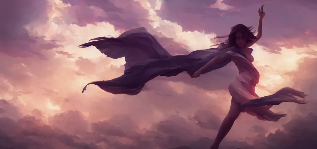 Image similar to beautiful woman angel flying peacefully, dramatic clouds, sunset, hazy, gentle, soft lighting, wojtek fus, by Makoto Shinkai and Ilya Kuvshinov,