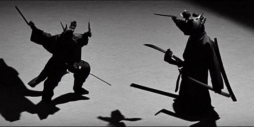 Image similar to scene from Shogun’s Shadow, 1989, movie still, cinematic, anthropomorphic, half man half asian black bear, black bear samurai, epic, samurai