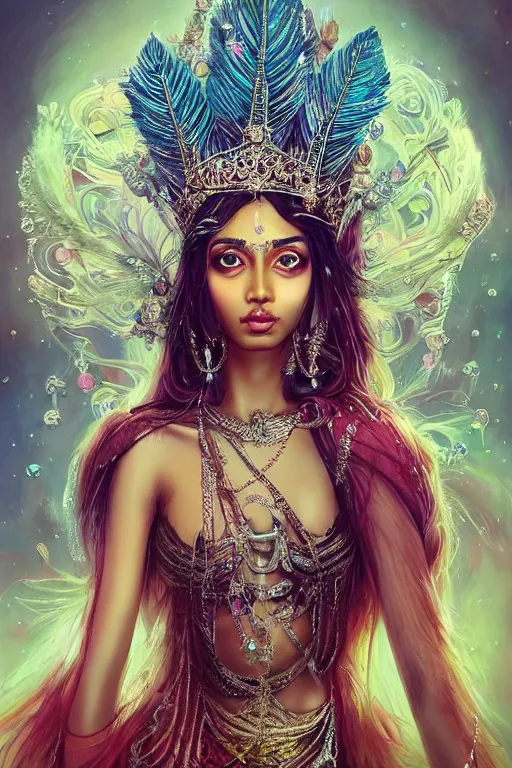 Image similar to beautiful indian model wearing crystal crown full of jewels and feathers, warhammer, cyberpunk, 3 d render, hyper realistic detailed portrait, holding magic flowers, scifi, fantasy, hyper detailed, octane render, concept art, peter mohrbacher, artgerm, ruan jia, wlop