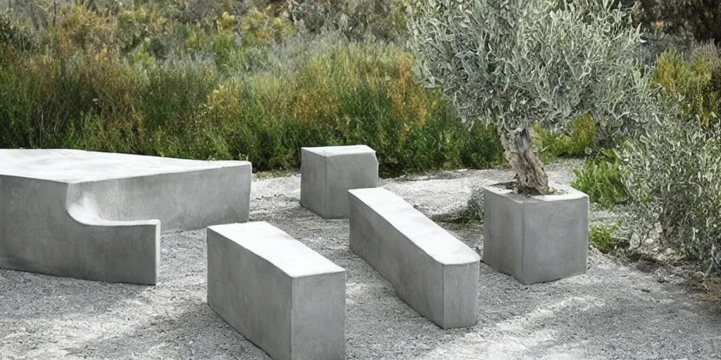 Image similar to creative concrete benches, colorful, olive trees