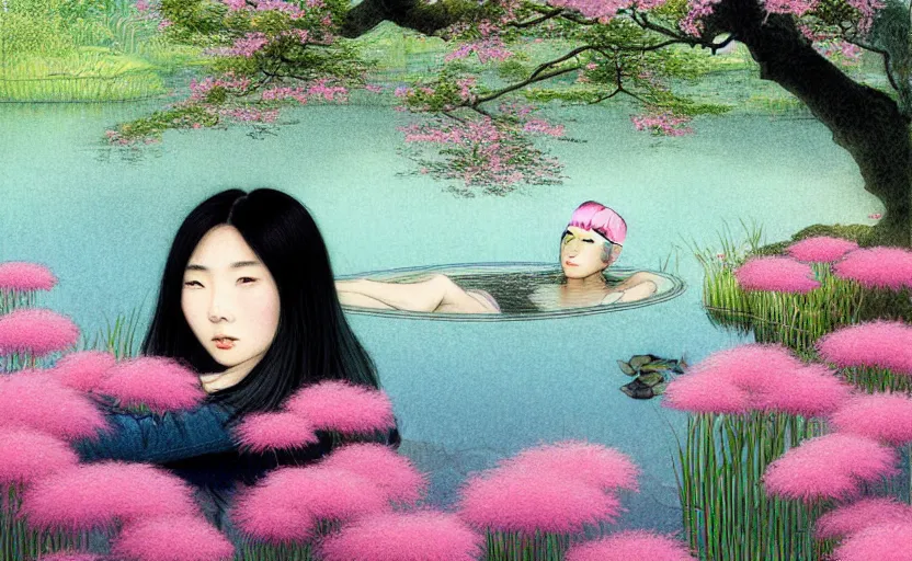 Prompt: harmony of pink haired young asian man backlit staring at black haired young asian man from across a pond, love at first sight, by alan lee, muted colors, springtime, colorful flowers & foliage in full bloom, sunlight filtering through trees & skin, digital art, art station cfg _ scale 9