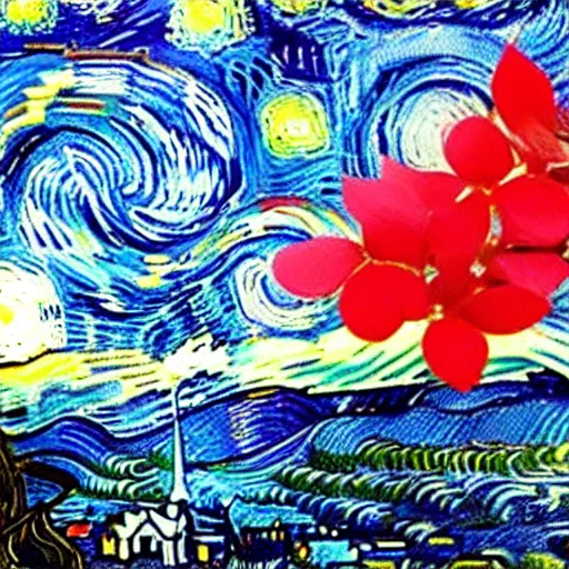 Prompt: The Starry Night painting with a red sharingan moon and a giant flower plant